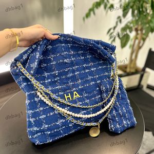 Designer Women 22 Shoulder Bag Garbage Bag Woolen Fabric Pearl Chain Handväska Tvådelar Set Coin Purse Crossbody Bag Makeup Case Key Bag Classic Blue Travel Bags 35/20cm