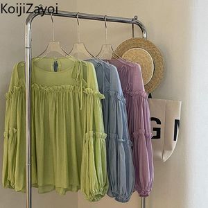 Blusas Femininas Koijizayoi Sólidas Blusas Femininas com Babados Lady Mangas Compridas O Neck Chic Camisa Solta Coreana 2023 Primavera Outono Tops Blusas