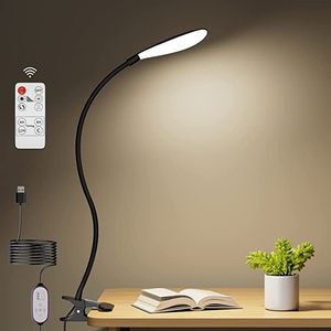 6W Clip-On-Tischlampe, 10 Helligkeiten, LED-Schreibtischleuchte, augenschonendes Leselicht mit Clip und Fernbedienung zum Studieren, Arbeiten, Nachtlicht