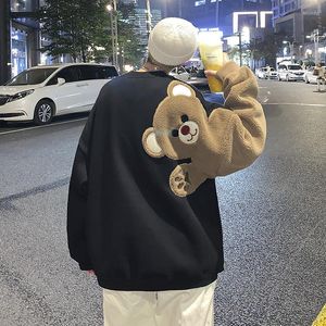Herrtröjor lammtröja herrens höst och vinter lös lapptäcke modebjörn broderad koreansk version par topp