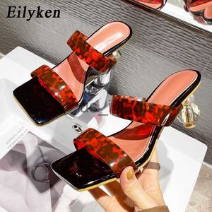 Hausschuhe Eilyken 2023 Neue Sommer Karree Damen Hausschuhe PVC Transparent Kristall Seltsame Stil Klar Ferse Frauen Leopard Korn Rutschen J230613