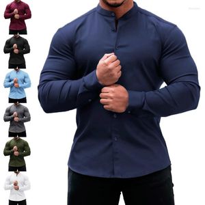 Мужские повседневные рубашки 2023 Мужская сплошная рубашка с длинным рукавом Slim Fit Micro потянут удобные дышащие стойки