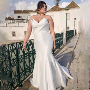 Plus -storlek Ruched Mermaid Wedding Dress V Neck Satin Bow Tie Bridal Gown Button Train Kvinnor Rodde de Mariee 326 326