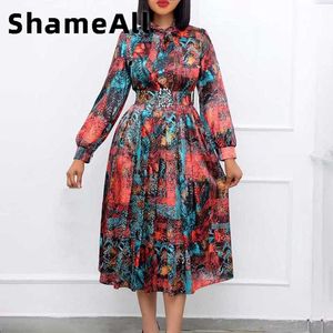 Plus size Dresse Size Snake Skin Print Bow Tie Long Sleeve Midi Dress 4XL Summer High Waist with Belt African Satin Rayon Robes 230613