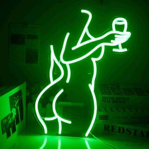 LED Neon Sign Woman Wine Glass Neon Sign Green LED Lady Neon Signs For Bar Bedroom Indoor Neon Light USB Neon Lamps R230613