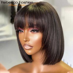 Lace Rebecca Short Straight Bob Wigs Brazilian Human Hair with Bangs Remy Full hine Made Wig for Women 10-14 Inches Z0613
