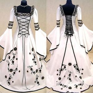 Medeltida bröllopsklänningar Witch Celtic Tudor Renaissance svartvitt långärmad gotisk viktoriansk korsett brudklänning