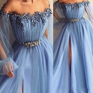 2023 Fairy Sky Blue Prom -klänningar Applices Pearl A Line Jewel Poet Long Sleeves Formella aftonklänningar Front Split Plus Size Vestidos de Fiest