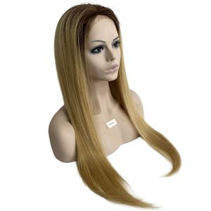 22 inches Indian Virgin Human Hair Ombre Color #4 T #613 Silky Straight 150% Density Full PU Wig for White Woman