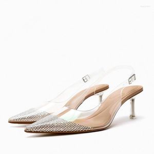 Sandali TRAF Décolleté con decorazione a punta di diamanti Décolleté da donna 2023 Scarpe con tacco alto con slingback estivo Donna Ciabatte da donna in PVC sottile