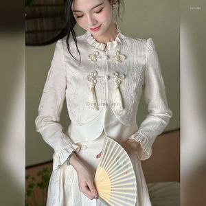 エスニック服2023中国のレトロスタイルの女性セットビンテージジャックカードナショナルホワイトエレガント長袖チョンサムトップスカート2ピーススーツ