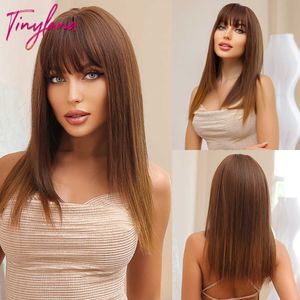 Lace Wigs Medium Brown per Straight Synthetic Hair Wigs with Bangs Cosplay Daily Blunt Cut Layered Hair for Women Afro Heat Resistant Z0613