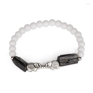 Strand Double Elephant Charm Natural Rough Black Tourmaline Healing Calm Stone Bead White Glossy Energy Bracelets For Man Women