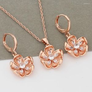 Set orecchini collana 585 set pendenti color oro rosa per donna gioielli vintage fiore zircone naturale 2023 stile coreano