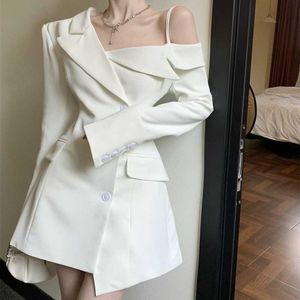 Casual Kleider Hikigawa Chic Mode Frauen Elegante Temperament Off Schulter Kleider Frühling 2023 Unregelmäßige Schlank Button Up Blazer Vestidos Mujer Z0612