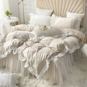 Sängkläder sätter bomullsspetsprinsessan ren bomullssängkläder set säng kjol med fall täcke täcke set elegant sängkläder drottning king size z0612
