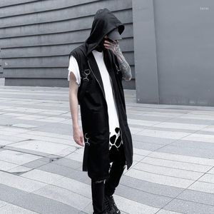 Herrvästar 2023 rinbbons hip hop punk long vest gata casual ärmlös jacka mens vintage huva mantel mode maistcoat