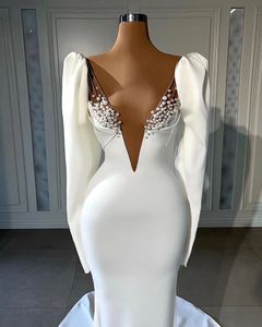 Abiti da sera Bianco Sexy con scollo a V Mermaid Prom Dress Puff maniche lunghe Sweep Train Paillettes Perline Formale Personalizzato Vestido De Novia