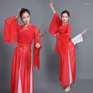 Vestuário étnico Feminino Chinês Tradicional Dança Folclórica Traje Hanfu Lantejoulas Bordado Antiga Fada Vermelho Palco Performance Trajes Vestido