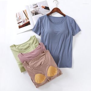 Damen-Nachtwäsche, kurzärmeliges T-Shirt mit Brustpolster, Damen-Sommer-BH mit Körbchen, einteilige Hose, Damen-Modal-Pyjama-Kleidung für zu Hause