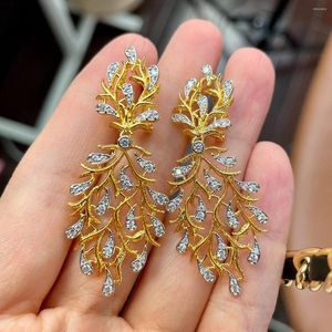 Orecchini pendenti in oro 18 carati color foglia vintage per le donne Hollow Design Bling Zircon Drop Banquet Party Dangling Antique Gift