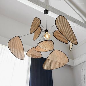 Lustres Rattan Lustre Vime Suspensão Lâmpada Tela Cannage Cozinha Madeira Bambu E27 Folha Criativa Grade Mão Designer