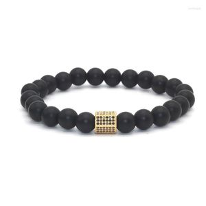 Charm Bracelets Trendy Column Pave Black CZ Beads 8MM Natural MaOnxy Stone Men Strand Jóias Presente Dourado e Cor Gun