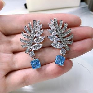 Stud Earrings Vintage 925 Sterling Silver 7MM Square Cut Aqumarine High Carbon Diamond Fine Jewelry For Women