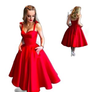 Little Red Tea Length Short Cocktail Dresses A Line Satin Spaghetti Straps Open Back Short Prom Gowns Red Carpet Celebrity Dress