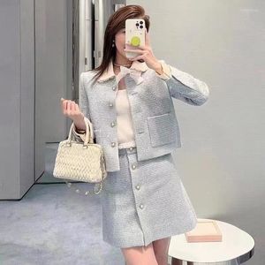 Arbeit Kleider Luxus Perlen Puppe Kragen Mode Langarm Pailletten Rock Woolen Zwei-Stück Anzug Frauen Herbst Winter 2023 elegante