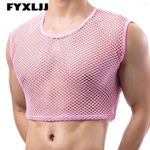 Men's Tank Tops FYXLJJ Mens Sexy Crop See-through Mesh Fitness Top Male Nightclub Wear Fishnet Muscle Net Fabric Hollow Out Vest