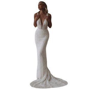 Lakshmigown Luxury Beading Mermaid Wedding Dress Plunging V Neck Sexig brudkvitton Middagsfest klänningar Backless Robe