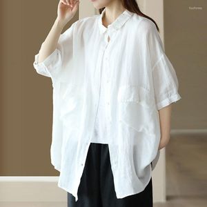 Women's Blouses NINI WONDERLAND 2023 Summer Ramie Shirt Women Turn Down Collar Short Sleeve Thin Female Loose Long Tops Blouse