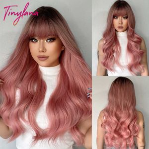 Lace Wigs Gray Pink Long Wavy Synthetic Hair Wigs with Bangs for White Women Natural Cosplay Wave Black Ash Pink Wig Heat Resistant Fiber Z0613