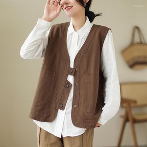 Frauenwesten Frauen Kurze Weste 2023 Frühling Sommer Casual Solide V-ausschnitt Drei Tasten Taschen Lose Weibliche Gilet Femme Tops