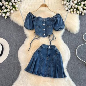 Arbetsklänningar amolapha kvinnor sommar jeans set stropplöst bandage denim kort stil toppar mini fiskstjärna kjol 2 stycken kläder kostymer