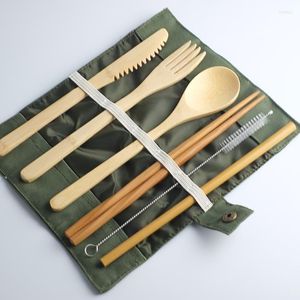 Dinnerware Sets REUBEEBLE Reusable Bamboo Cutlery Portable Tableware Wooden Fork Spoon Knife Bag For Travel Utensil Set