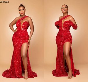 Gorgeous Red Sequined One Shoulder Mermaid Evening Dresses Sexy Thigh Side Split Arabic Aso Ebi Long Formal Party Gowns Plus Size Second Reception Prom Dress CL2441