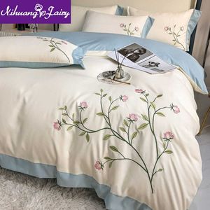 Conjuntos de cama de algodão lavado com bordados para quarto, conjunto de quatro peças, capa de edredon estilo princesa, lençol de cama queen, cama king size, roupa de cama de três peças Z0612