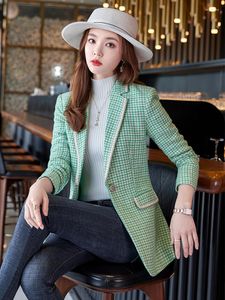Ternos femininos feminino tweed blazer formal feminino negócios roupas de trabalho jaqueta xadrez casaco com bolso verde branco preto roupas