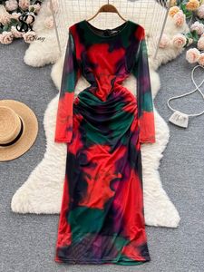 Sukienki swobodne Singreiny Floral Print Bodycon Long Dress Women rękawy Slim Mesh Sundress Fashion Korean Sheer Ruched Sexy Maxi