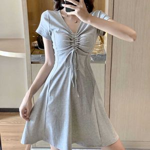 Casual Dresses Lucyever Summer Casual Short Sleeve Dress Women Korean Style Drawstring Vneck Mini Dress Woman Allmatch Street A Line Dresses Z0612