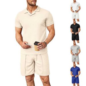 2023 Mens T Shirt Summer New Designer Shirt Waffle V-ringning Polo Shirt Polo Collar Kort ärm Tshirt Mens Set