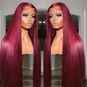Röd spets främre mänskliga hår peruker färgade rak burgogne 13x6 transparent spets frontal stängning peruk lyslösa peruker för kvinnor