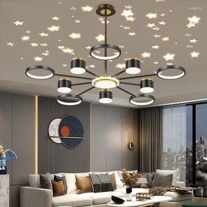 Pendelleuchten Wohnzimmer Moderne schwarze Metall-LED-dimmbare Lichter Stern-Schatten-Stab-Kronleuchter-Beleuchtung Luminarias Lamparas