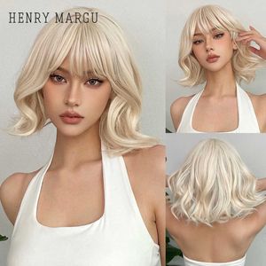 Lace Wigs Platinum Blonde Short Curly Wavy Bobo Synthetic Natural Wigs with Bangs for Women Daily Lolita Use Heat Resistant Fiber Wigs Z0613