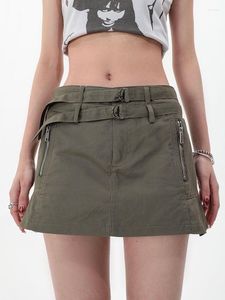 Skirts DEEPTOWN Vintage Y2k Cargo Denim Skirt Women Low Waist A-line 2 Belts Korean Fashion Streetwear Mini Summer Sexy Girl
