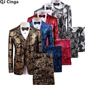 Gold Printed 3 Piece Tuxedo Suit Men Brand Slim Fit Wedding Party Dress Terno Masculino Party Prom Stage Costume Homme 230612