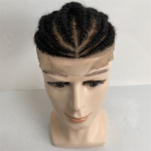 100% real European Virgin Human Hair Systems No.8 Root Afro Corn Braids #1b #1Black Full Lace peruca para homem negro