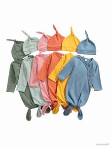 Sovsäckar unisex baby flickor pojkar sover set fast färg lång ärmväska+spetsig hatt för vår hösten 0-3t R230804